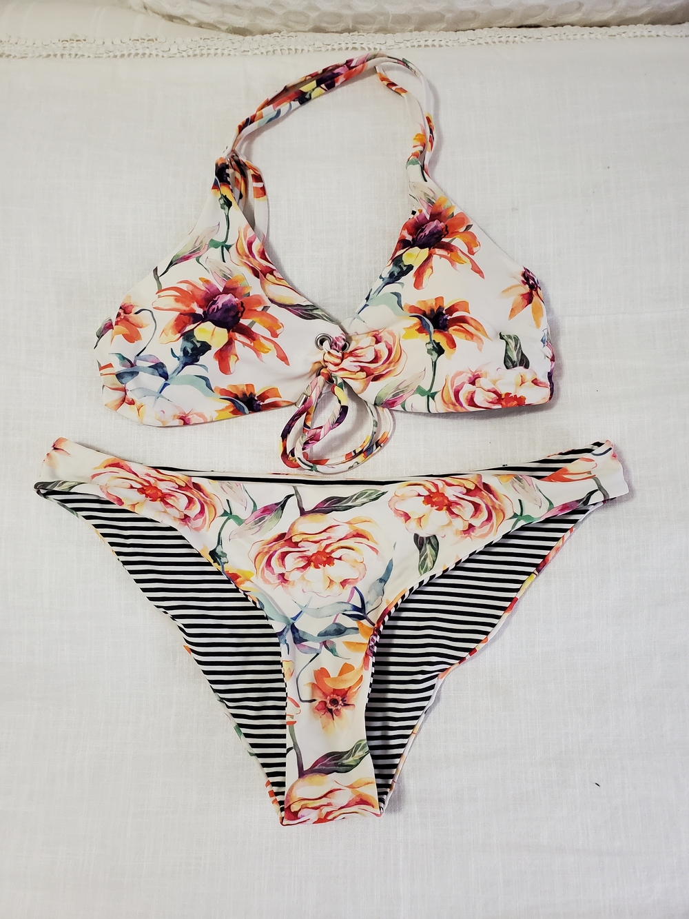 Cupshe White Floral & Black Stripe Two-Piece Bikini